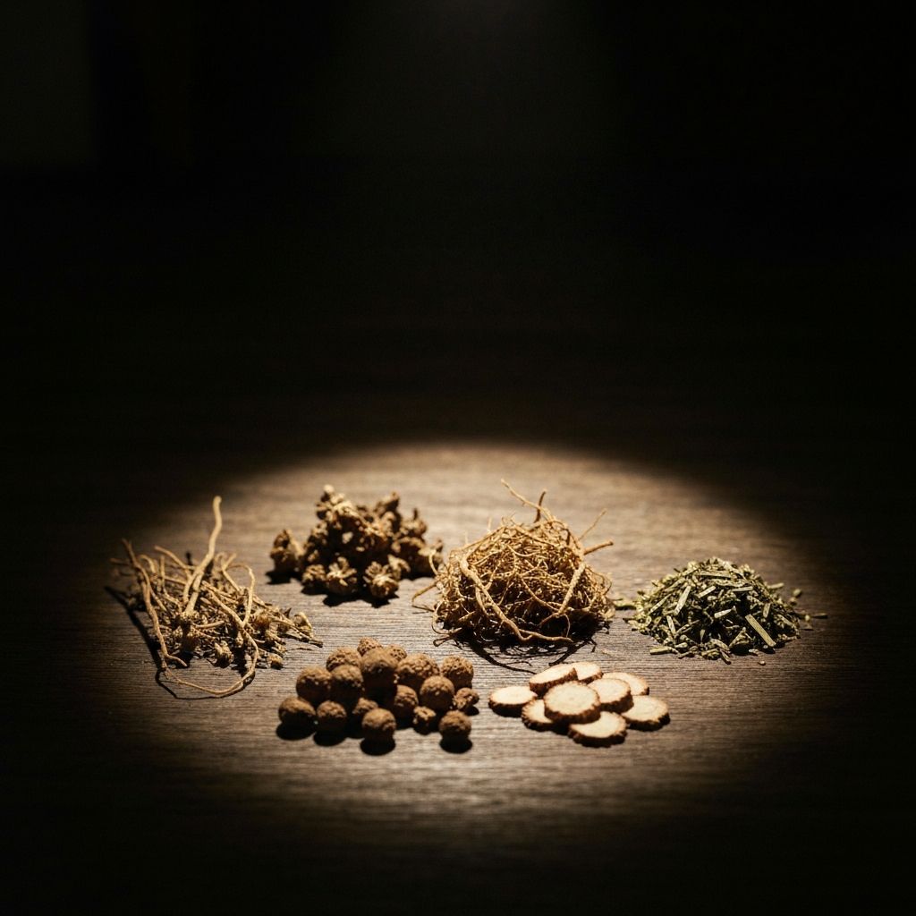 Berkas cahaya menyinari tumbuhan herbal kering di atas permukaan kayu gelap