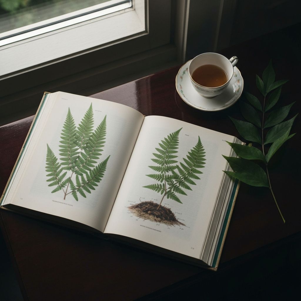 Buku ilmiah terbuka dengan ilustrasi botanikal di samping secangkir teh dan dedaunan hijau