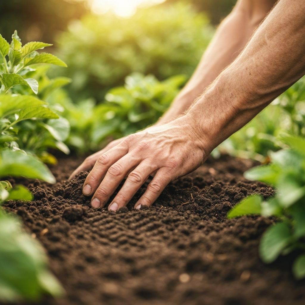 Pria dewasa berkebun dengan tangan di tanah subur dan tanaman hijau sekitar